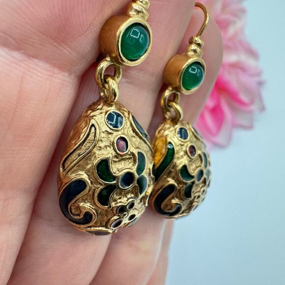 Vintage Faux Gripoix Turkish Style Enamel Dangle Earrings Ornate Leverback Chic - Picture 3 of 11